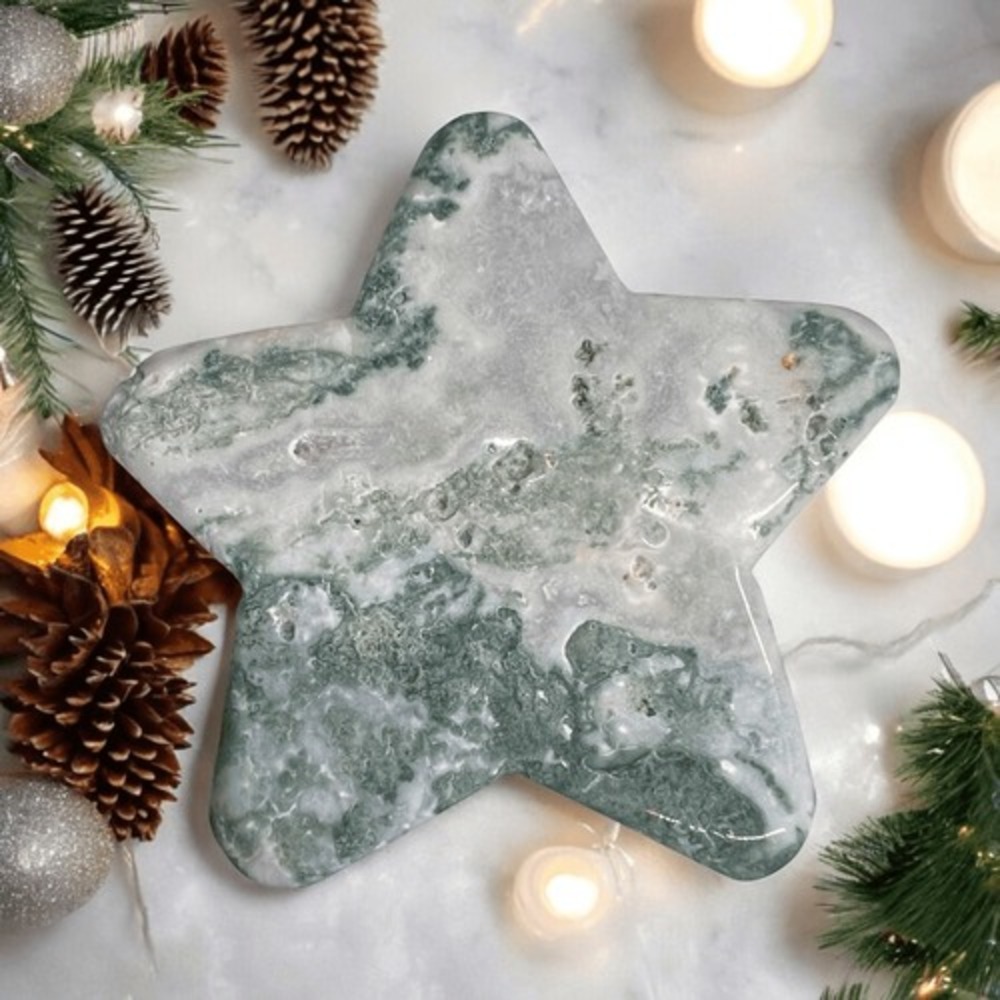 Moss Agate Crystal Star Carving